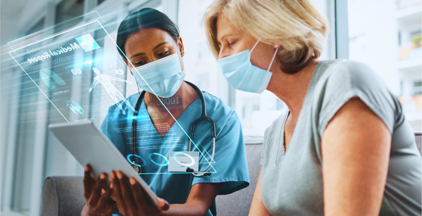 Doctor, patient and tablet with futuristic and health, digital medical report and women in face mask