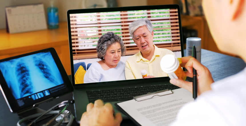 Telehealth concept,doctor video call with couple senior about prescription on digital tablet